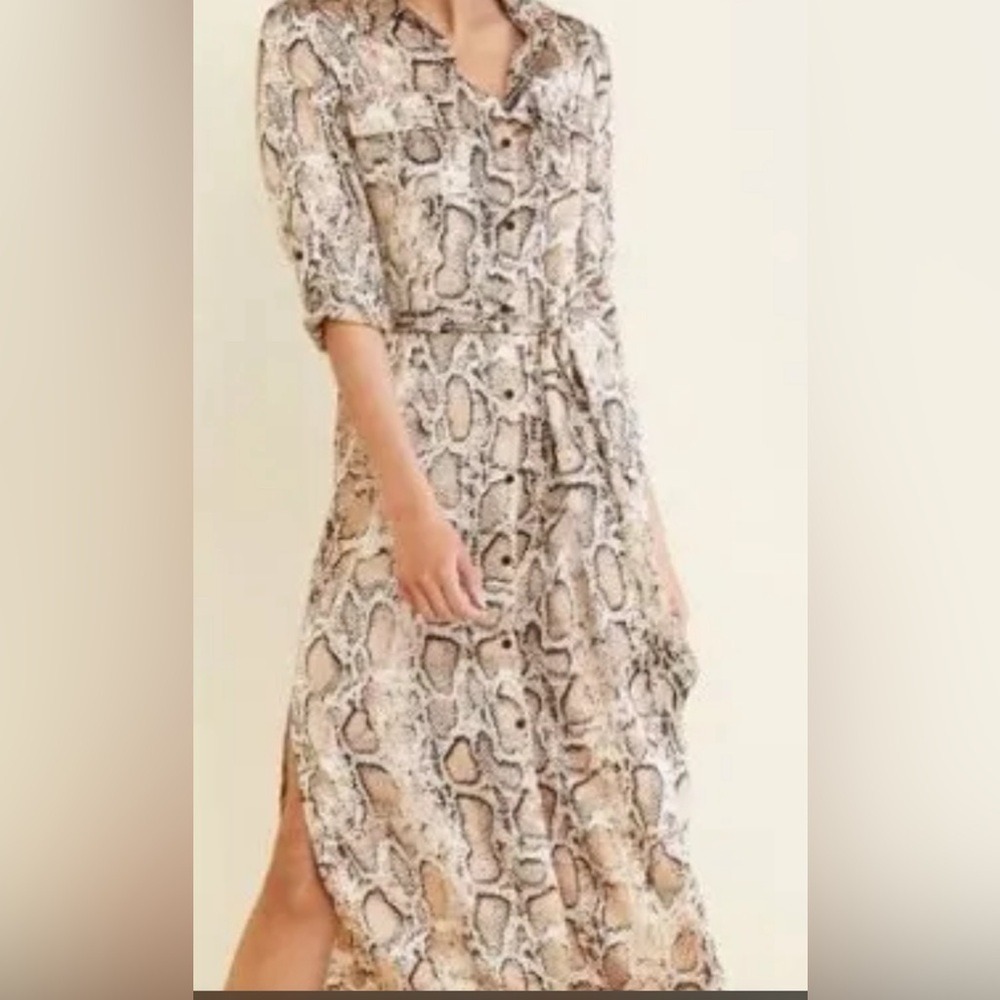 BB Dakota Snakeskin Print Maxi Shirt Dress Tan Cream Long Sleeve Tie Waist XS
